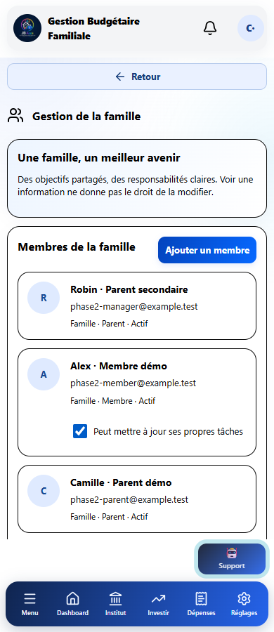 Écran réel Gestion de la famille avec des données de démonstration.